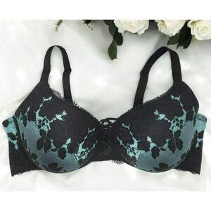 Torrid Curve Sexy Bra Black Teal Floral Underwire PushUp Plunge Crisscross 42DDD